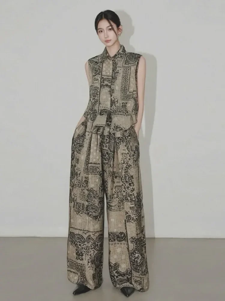 FADFAD Setelan wanita desain ceruk atasan bermotif dan celana panjang lebar dua potong bergaya dan elegan