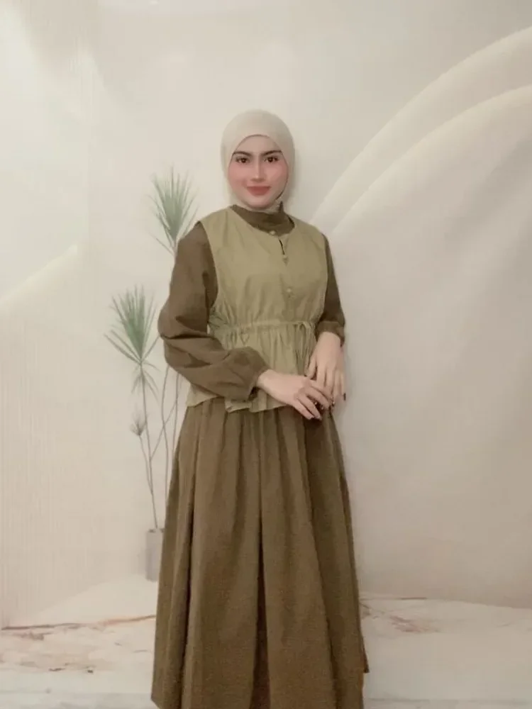 CHICMORE Setelan gaya manis dengan rompi pinggang serut dan gaun lengan panjang