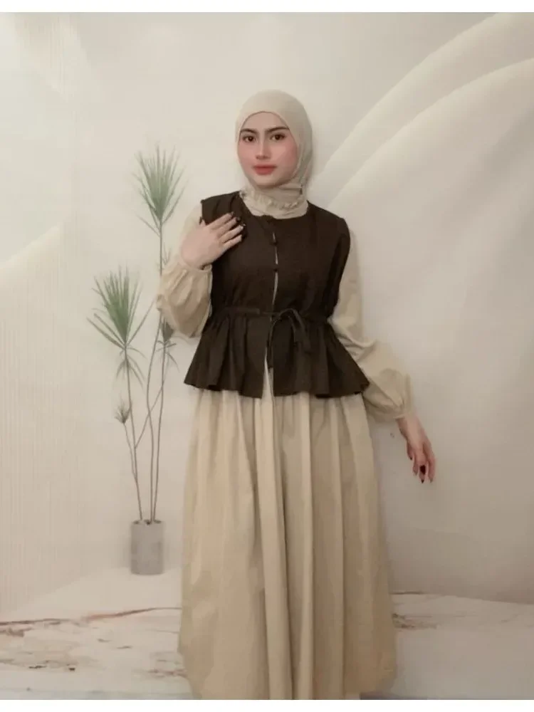 CHICMORE Setelan gaya manis dengan rompi pinggang serut dan gaun lengan panjang