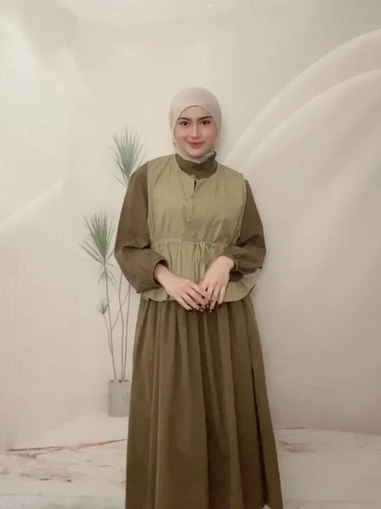 CHICMORE Setelan gaya manis dengan rompi pinggang serut dan gaun lengan panjang