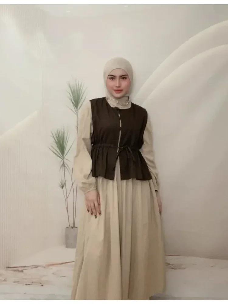 CHICMORE Setelan gaya manis dengan rompi pinggang serut dan gaun lengan panjang