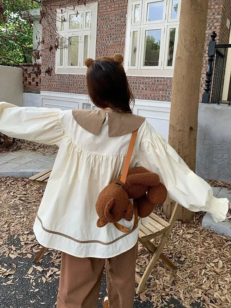 [CUCI GUDANG]CHICMORE Atasan kemeja lengan panjang kerah runcing warna kontras untuk wanita