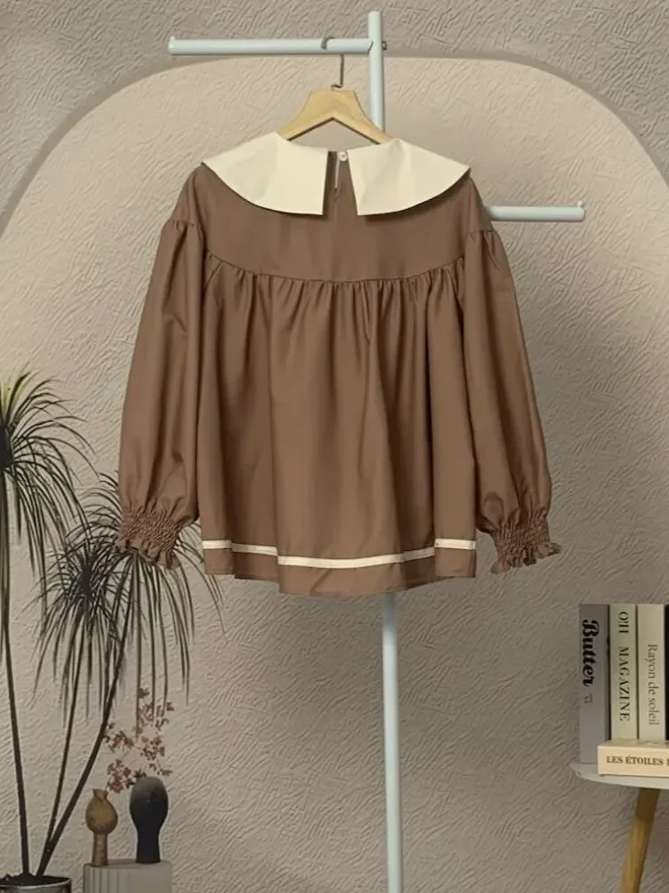 [CUCI GUDANG]CHICMORE Atasan kemeja lengan panjang kerah runcing warna kontras untuk wanita