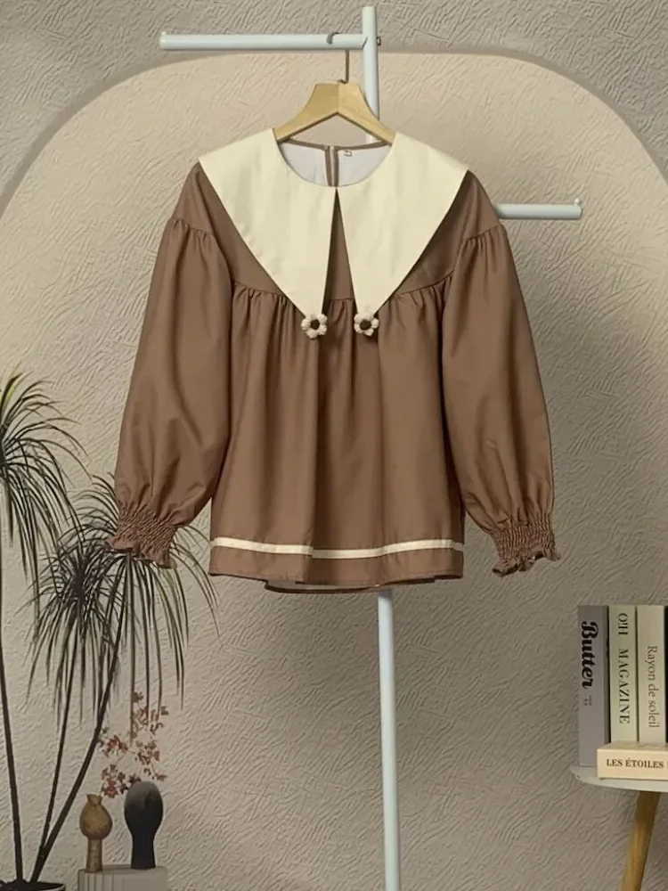 [CUCI GUDANG]CHICMORE Atasan kemeja lengan panjang kerah runcing warna kontras untuk wanita