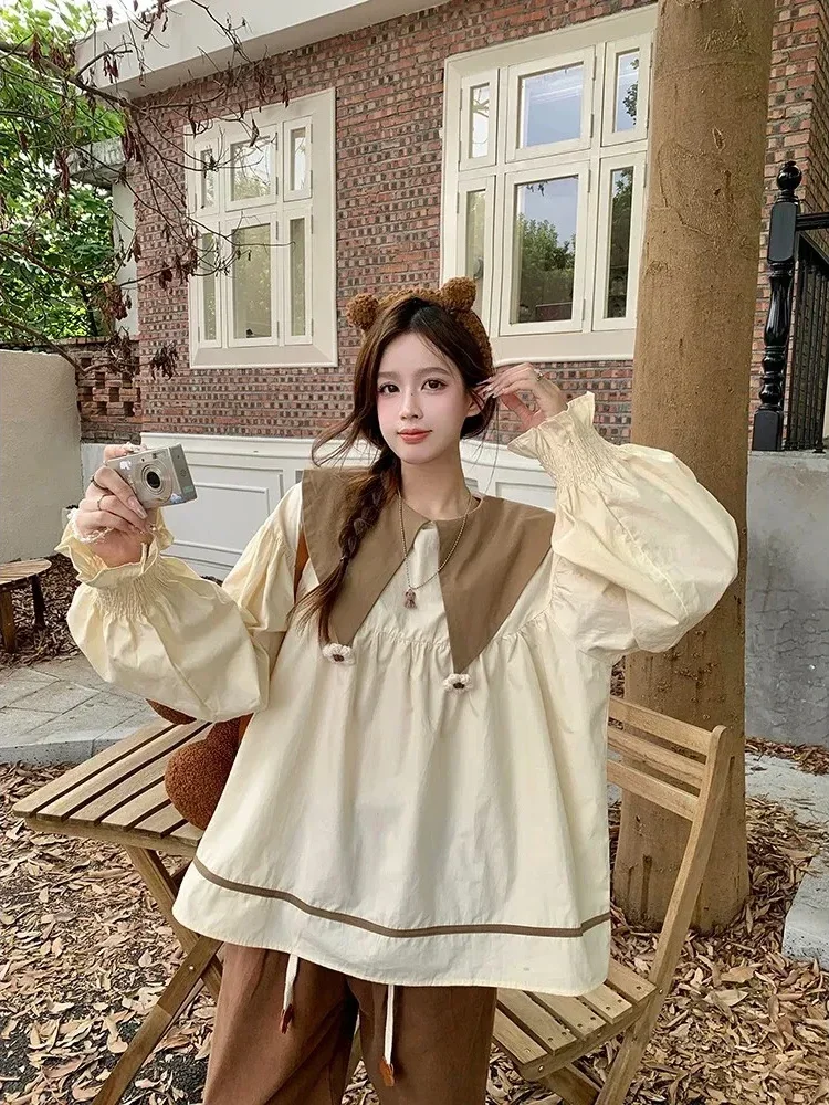 [CUCI GUDANG]CHICMORE Atasan kemeja lengan panjang kerah runcing warna kontras untuk wanita