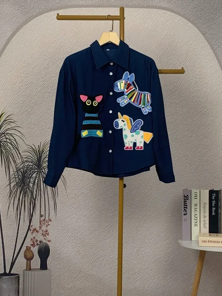 [DISKON KILAT]CHICMORE Kemeja wanita longgar lengan panjang warna solid bordir motif lucu