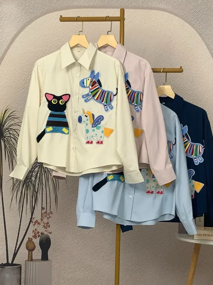 [DISKON KILAT]CHICMORE Kemeja wanita longgar lengan panjang warna solid bordir motif lucu