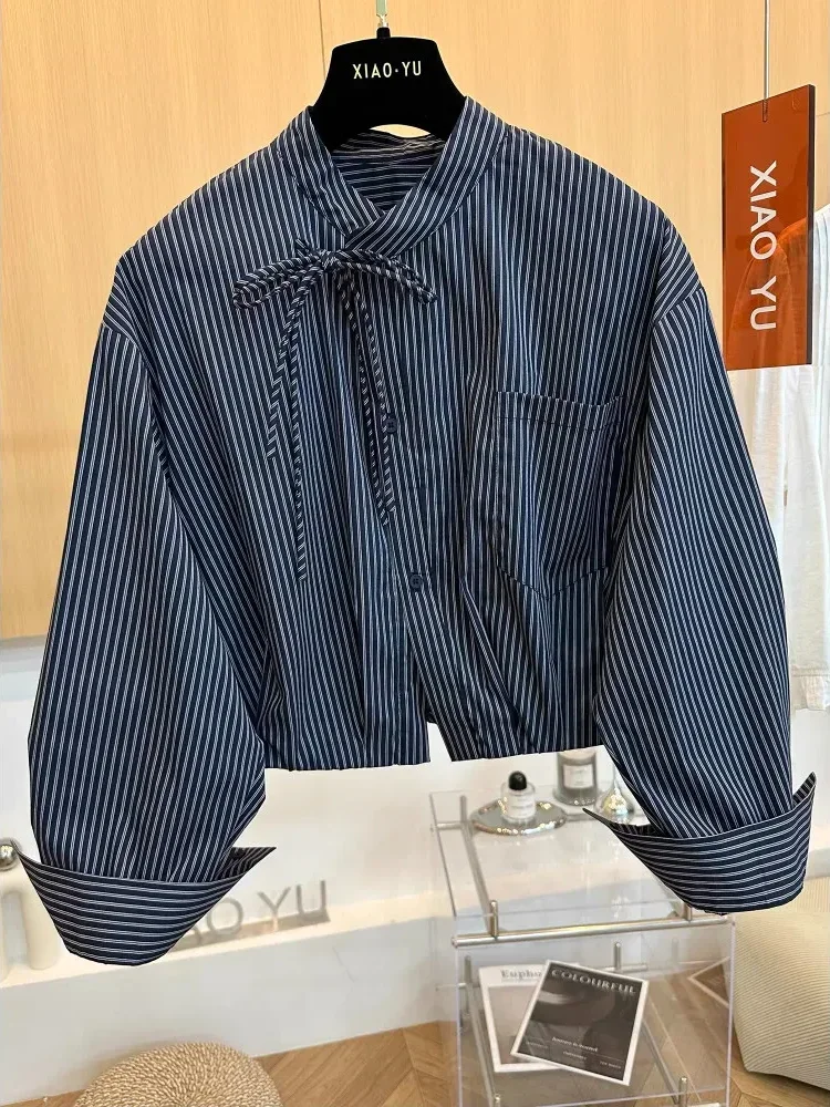 [CUCI GUDANG]CHICMORE Atasan blouse gaya kasual lengan panjang longgar  motif garis-garis untuk wanita