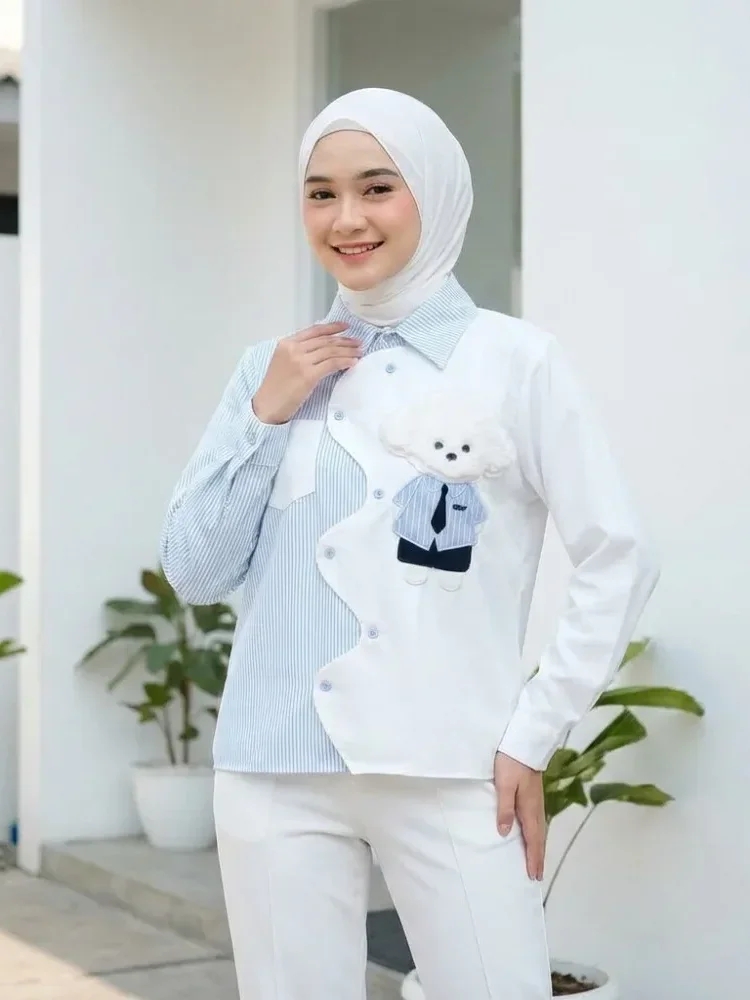 CHICMORE Kemeja wanita bergaris tidak beraturan dengan motif anak anjing bordir