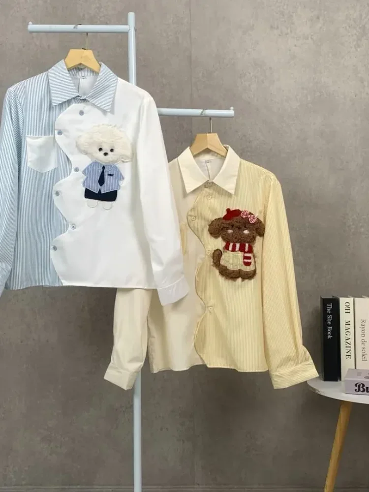 CHICMORE Kemeja wanita bergaris tidak beraturan dengan motif anak anjing bordir