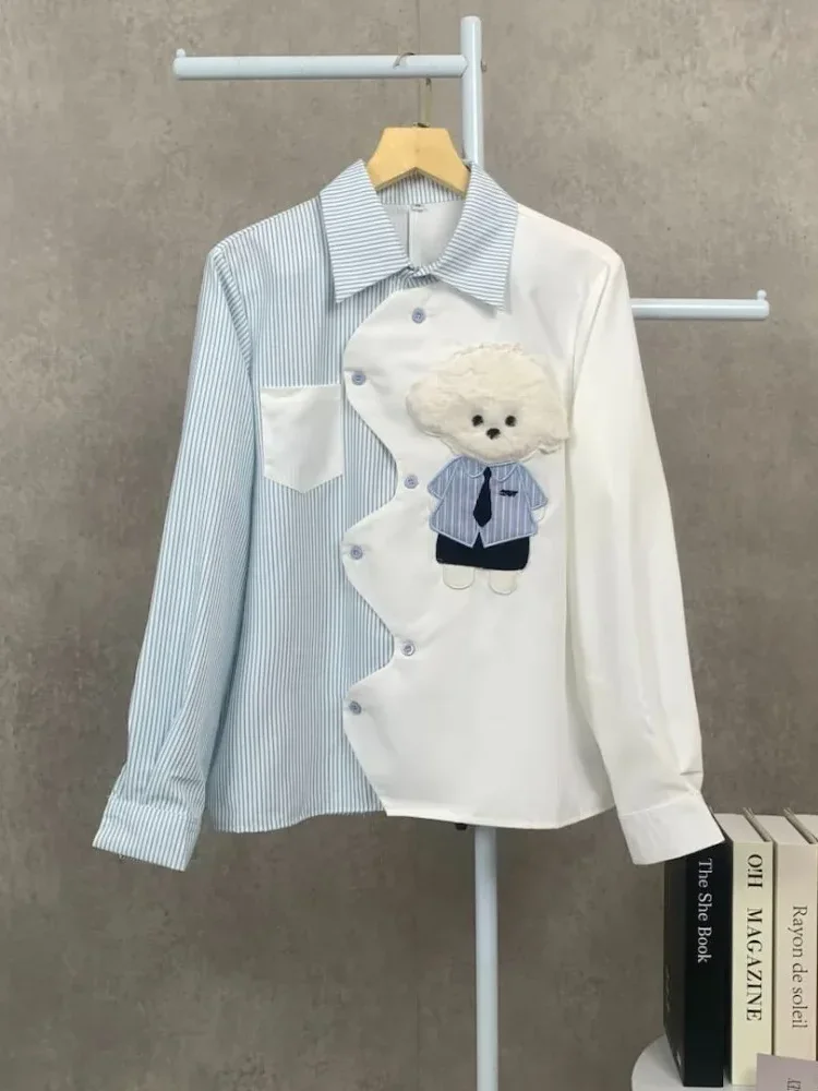 CHICMORE Kemeja wanita bergaris tidak beraturan dengan motif anak anjing bordir