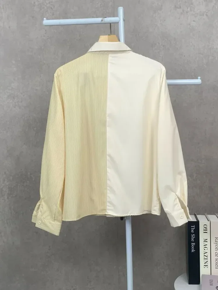 CHICMORE Kemeja wanita bergaris tidak beraturan dengan motif anak anjing bordir