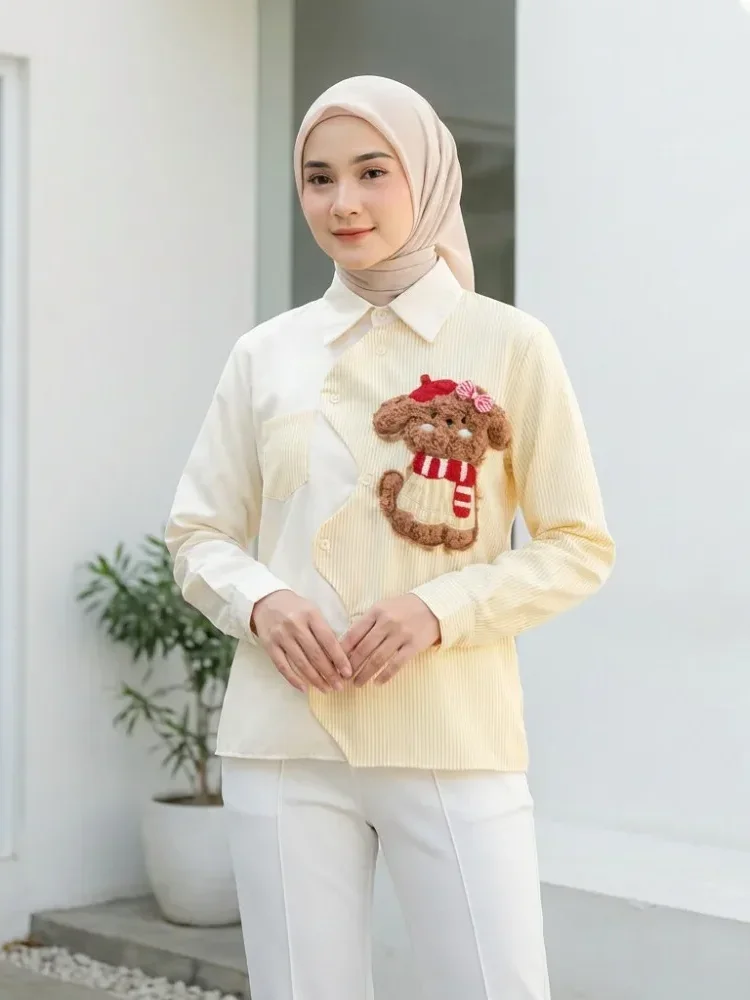 CHICMORE Kemeja wanita bergaris tidak beraturan dengan motif anak anjing bordir