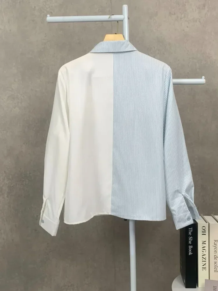 CHICMORE Kemeja wanita bergaris tidak beraturan dengan motif anak anjing bordir