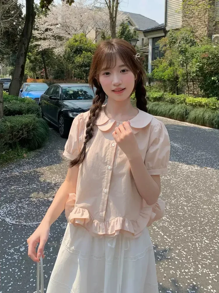 CHICMORE Atasan kemeja cantik lengan pendek kerah boneka baru untuk wanita