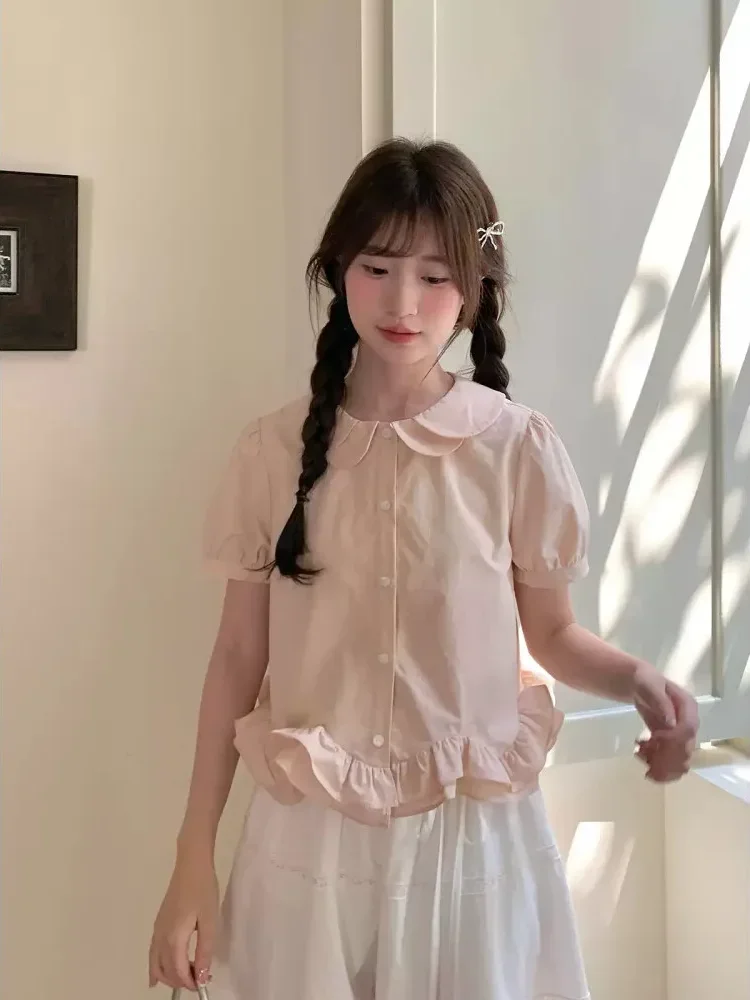CHICMORE Atasan kemeja cantik lengan pendek kerah boneka baru untuk wanita