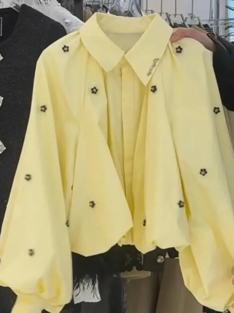 [NEW]CHICMORE Atasan kemeja wanita pendek desain bunga lengan panjang gaya retro