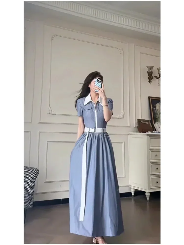 CHICMORE Gaun maxi lengan pendek model kemeja warna biru elegant