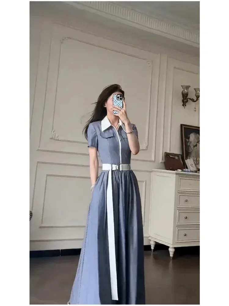 CHICMORE Gaun maxi lengan pendek model kemeja warna biru elegant