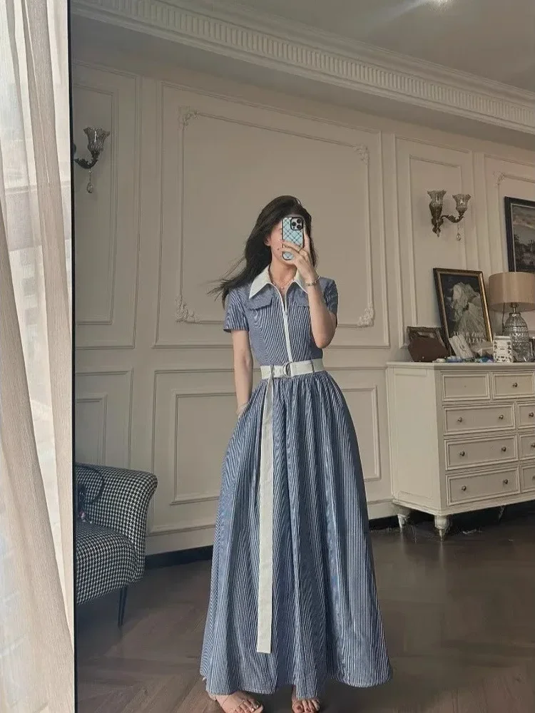CHICMORE Gaun maxi lengan pendek model kemeja warna biru elegant