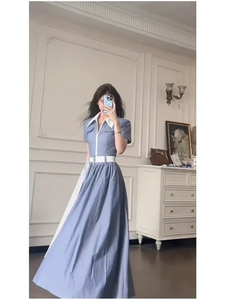 CHICMORE Gaun maxi lengan pendek model kemeja warna biru elegant