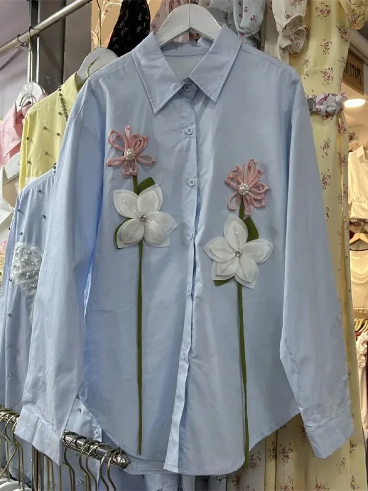 [DISKON KILAT]CHICMORE Atasan kemeja gaya minimalis dengan variasi bunga cantik dan lengan panjang mode baru