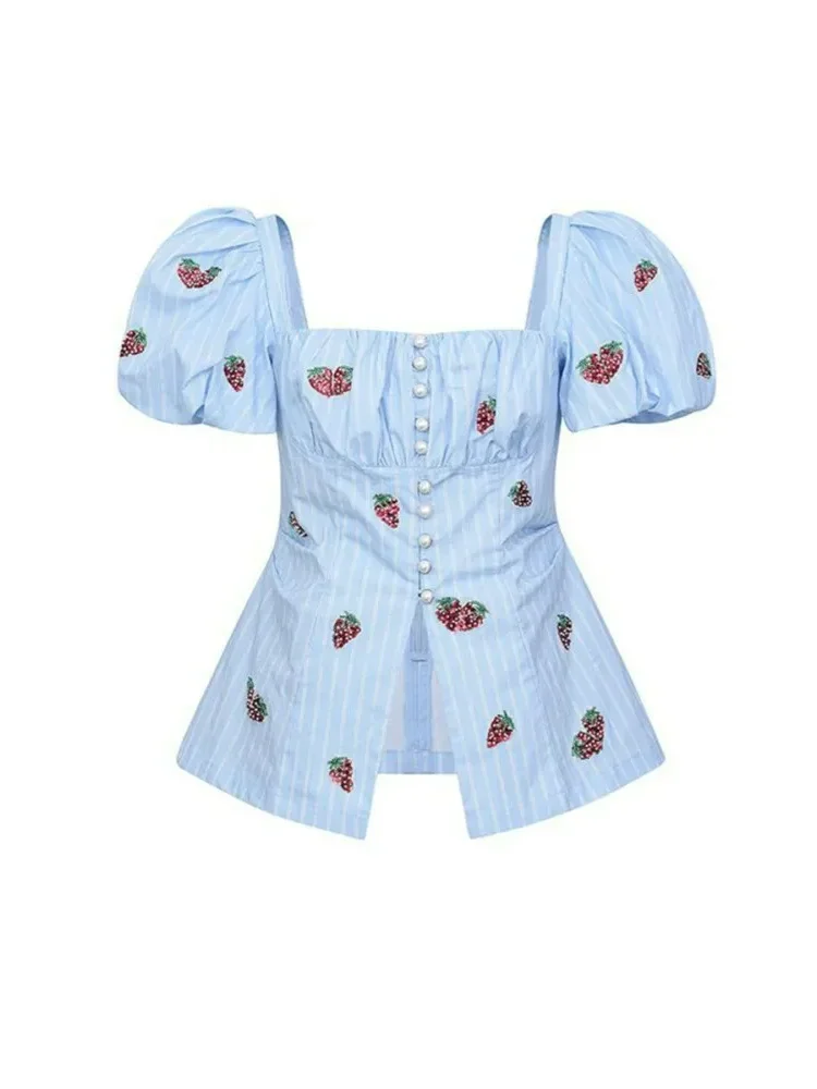 CHICMORE Atasan blouse wanita berlengan pendek puff motif strawberry bergaris untuk wanita