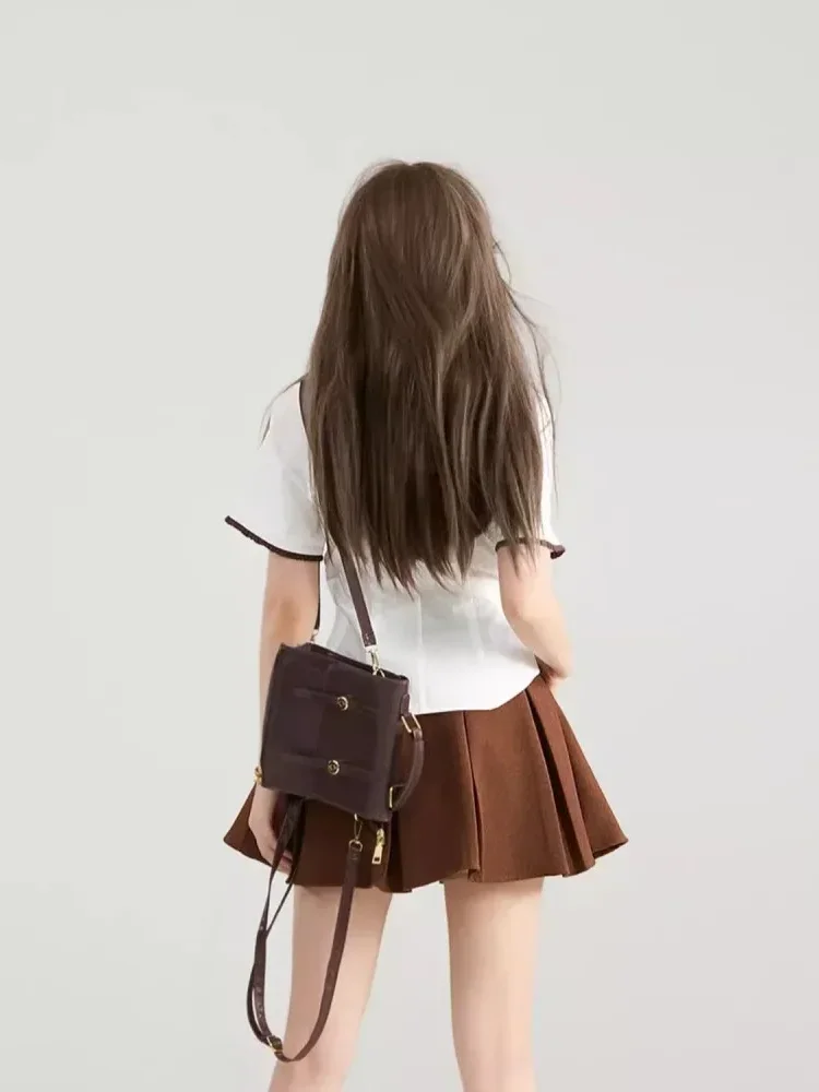 CHICMORE Atasan kemeja pinggang lipit lengan pendek dengan gaya korean dan kerah boneka