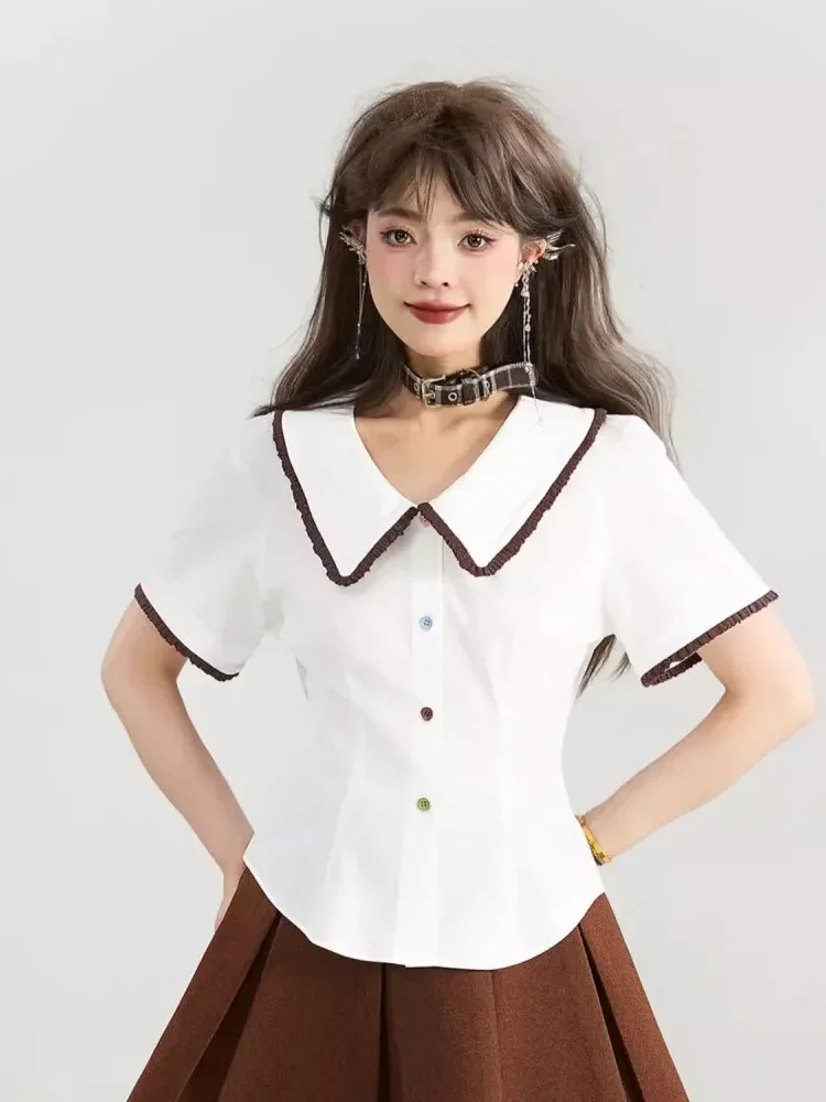 CHICMORE Atasan kemeja pinggang lipit lengan pendek dengan gaya korean dan kerah boneka