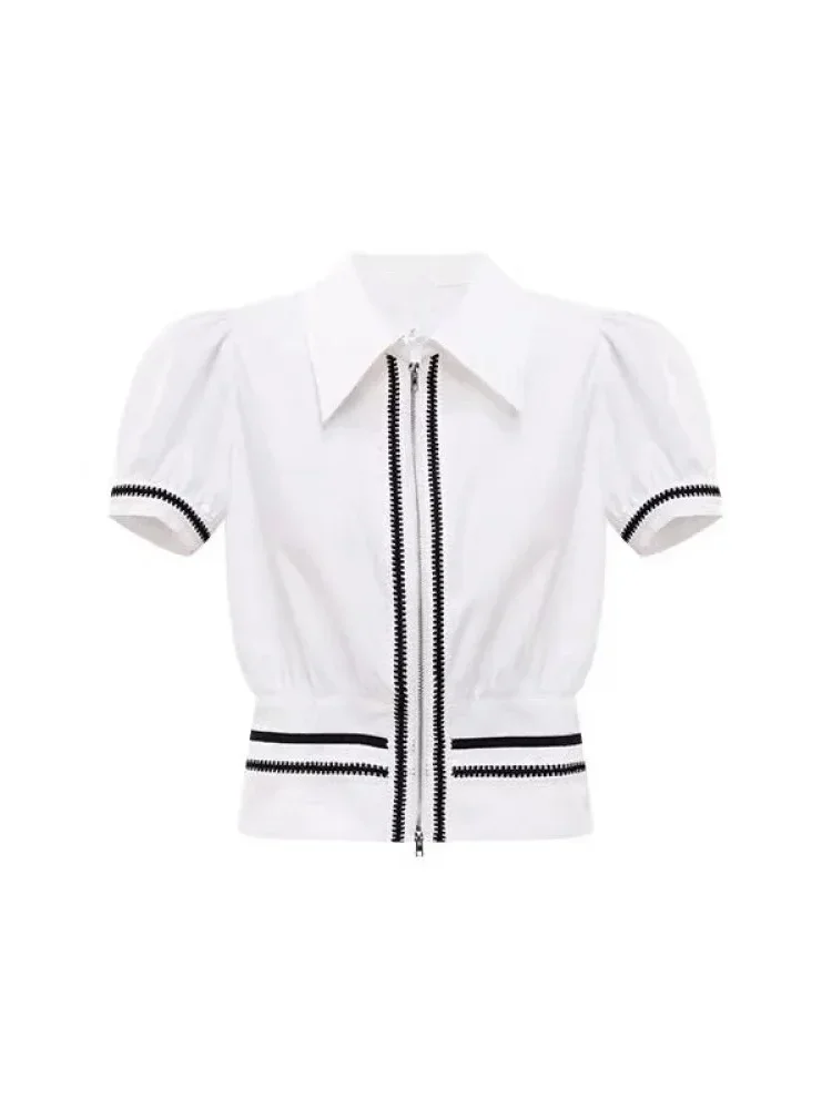 CHICMORE Atasan kemeja gaya korean dengan ritsleting cantik dan lengan puff pendek untuk wanita（only tops）