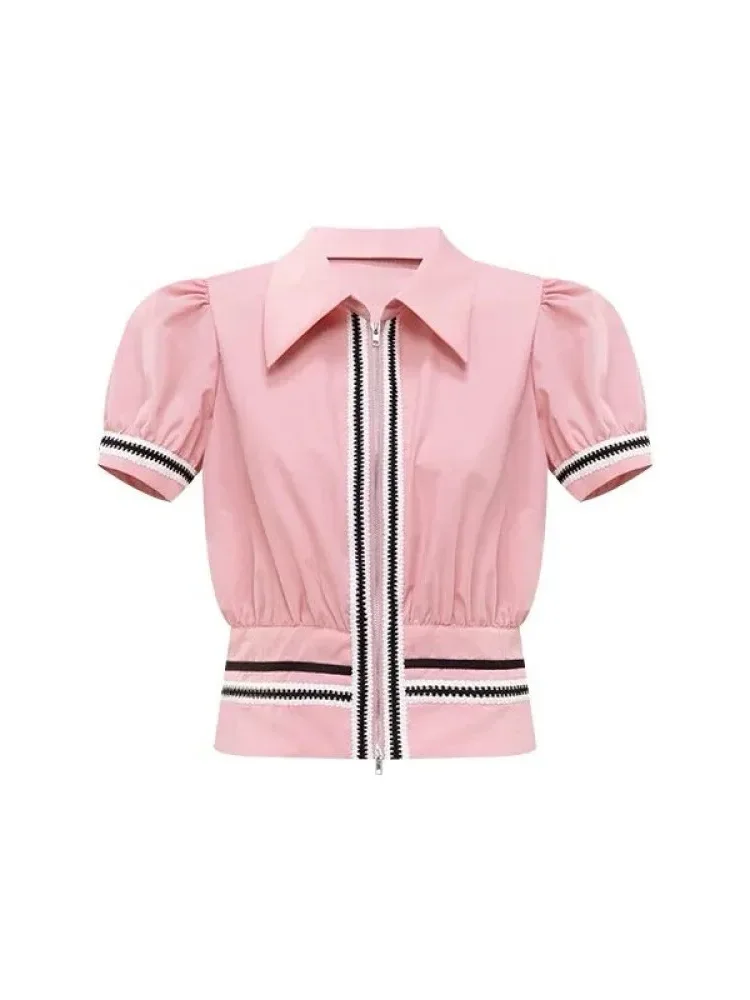 CHICMORE Atasan kemeja gaya korean dengan ritsleting cantik dan lengan puff pendek untuk wanita（only tops）
