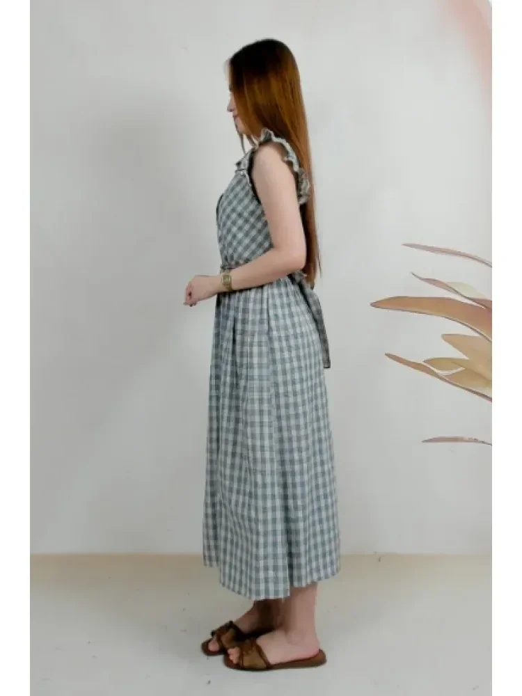 CHICMORE Gaun kotak-kotak biru yang cantik dan elegan dengan lengan terbang kecil untuk wanita