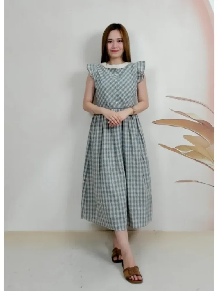 CHICMORE Gaun kotak-kotak biru yang cantik dan elegan dengan lengan terbang kecil untuk wanita