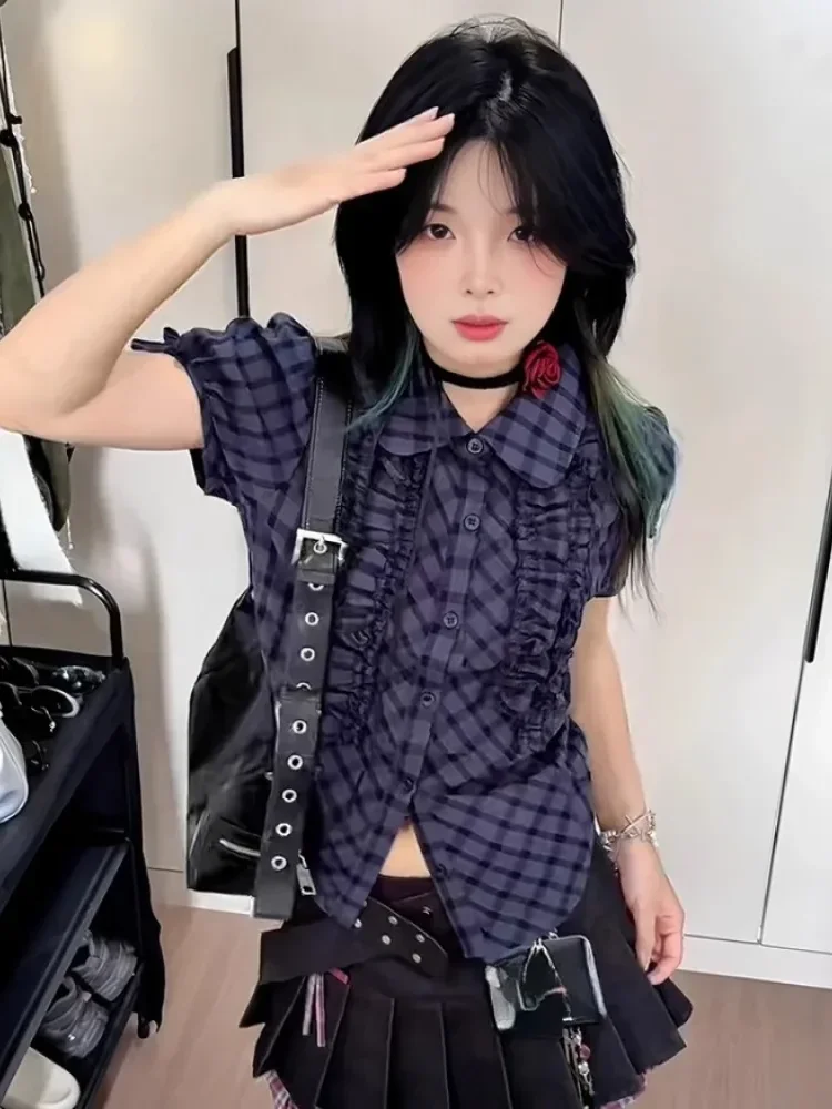 CHICMORE Kemeja lengan pendek kotak-kotak gaya korea untuk wanita gaya manis potongan ramping