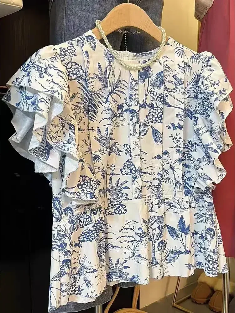 CHICMORE Atasan lengan pendek motif floral leher bulat gaya modis untuk wanita