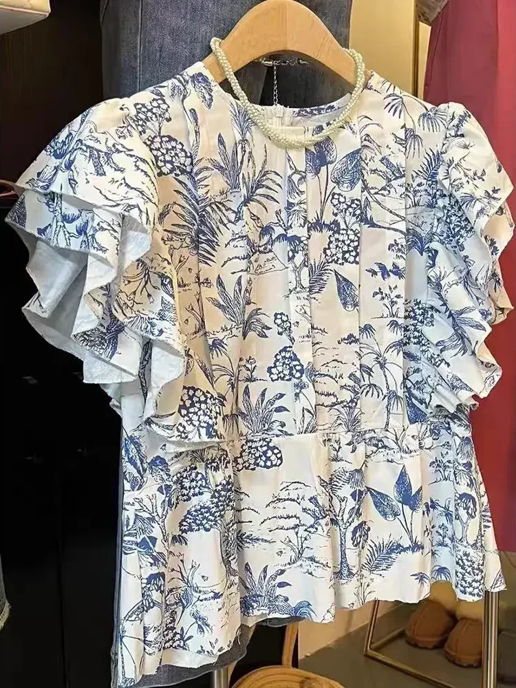 CHICMORE Atasan lengan pendek motif floral leher bulat gaya modis untuk wanita