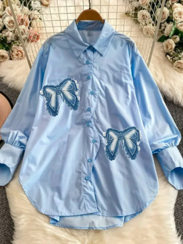 CHICMORE Atasan blouse lengan panjang dengan model kerah polo gaya kasual kekinian