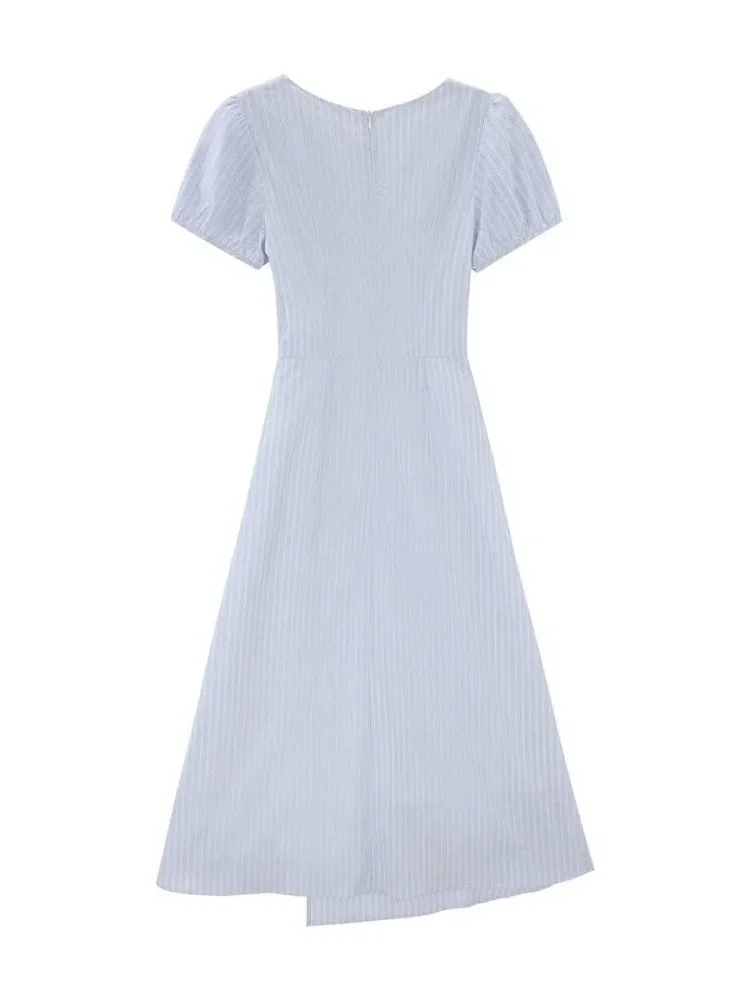 CHICMORE Gaun lengan pendek motif garis - garis rok model a line dengan gaya kasual untuk wanita
