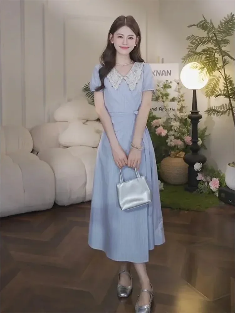 CHICMORE Gaun lengan pendek motif garis - garis rok model a line dengan gaya kasual untuk wanita