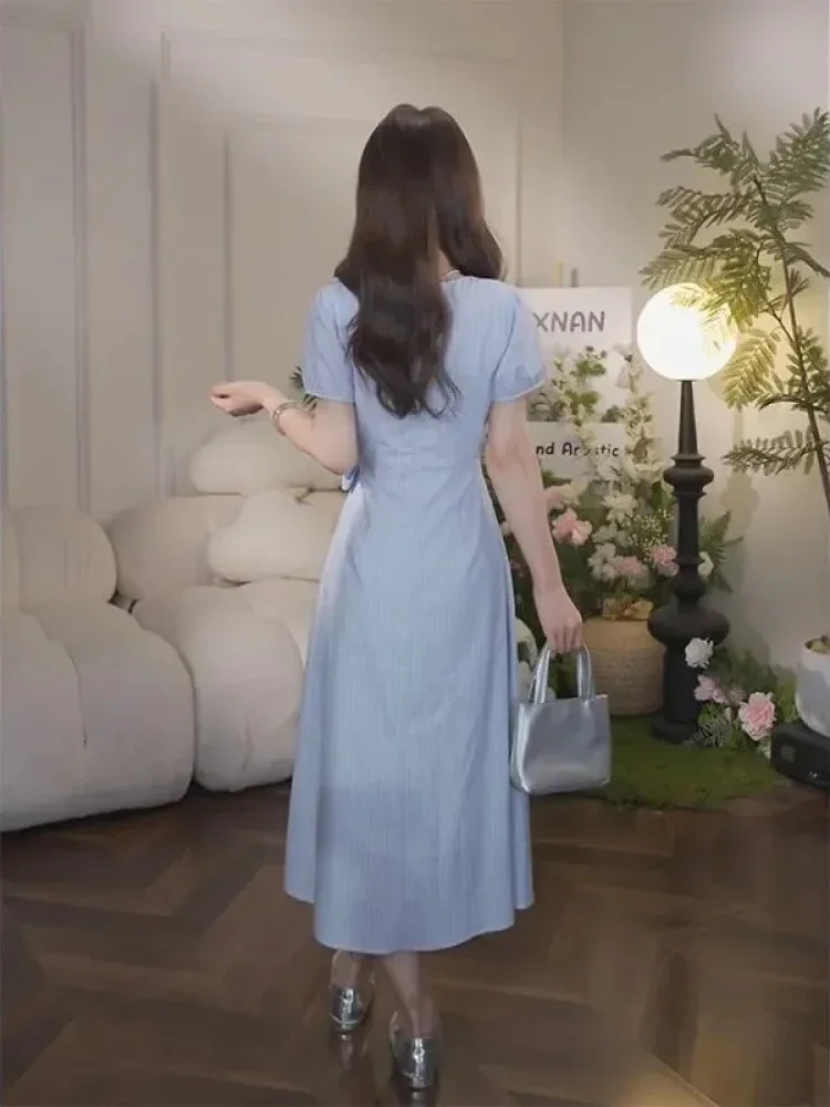 CHICMORE Gaun lengan pendek motif garis - garis rok model a line dengan gaya kasual untuk wanita