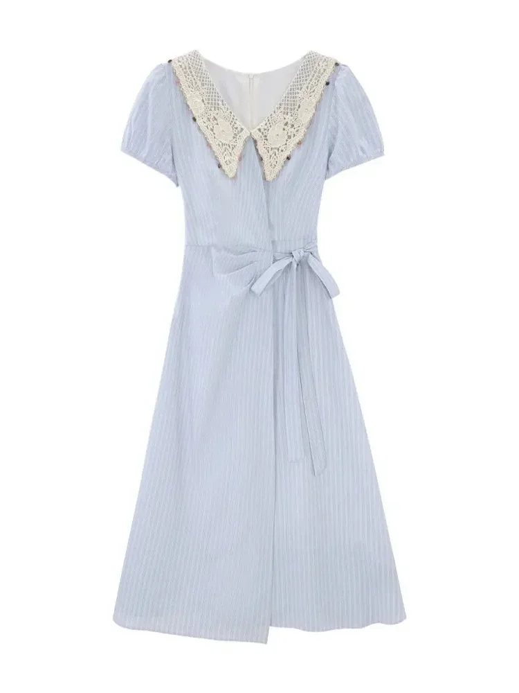 CHICMORE Gaun lengan pendek motif garis - garis rok model a line dengan gaya kasual untuk wanita