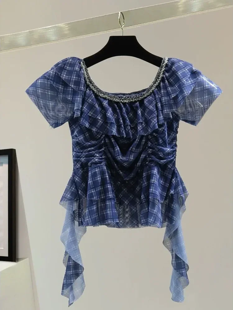 CHICMORE Atasan wanita motif kotak manis model ruffle gaya unik dengan kerah bulat