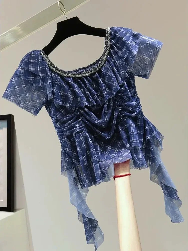 CHICMORE Atasan wanita motif kotak manis model ruffle gaya unik dengan kerah bulat