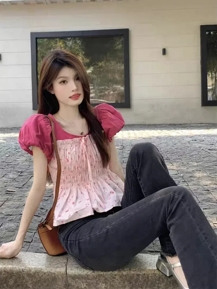 CHICMORE Atasan lengan pendek balon gaya modis dan leher berbentuk u untuk wanita