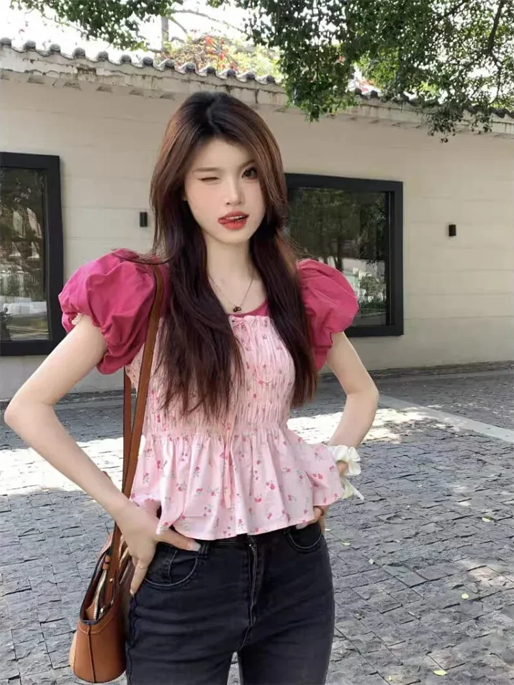 CHICMORE Atasan lengan pendek balon gaya modis dan leher berbentuk u untuk wanita