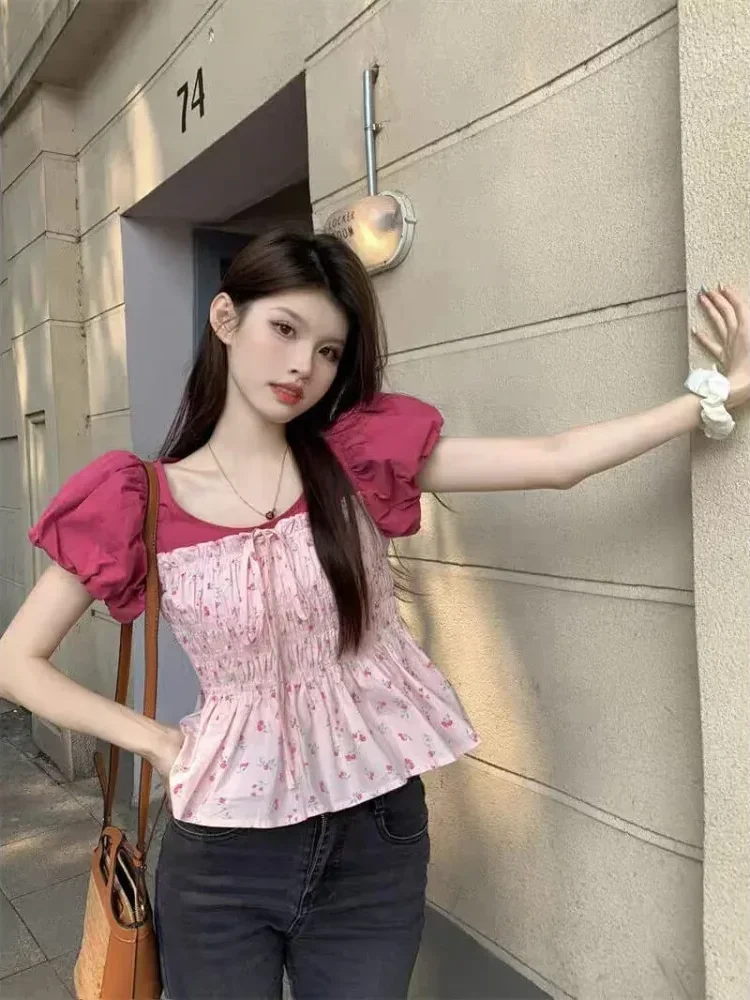 CHICMORE Atasan lengan pendek balon gaya modis dan leher berbentuk u untuk wanita