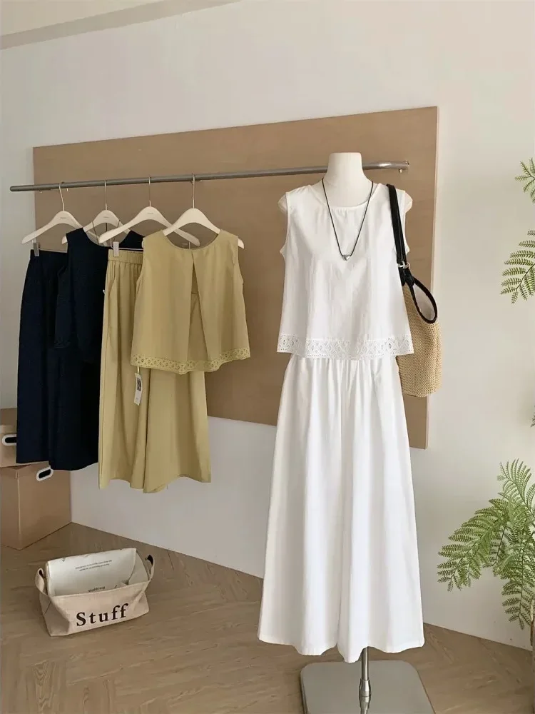 [DISKON KILAT]CHICMORE Setelan rompi renda temperamen kelas atas gaya chic tanpa lengan celana kaki lebar, setelan dua potong