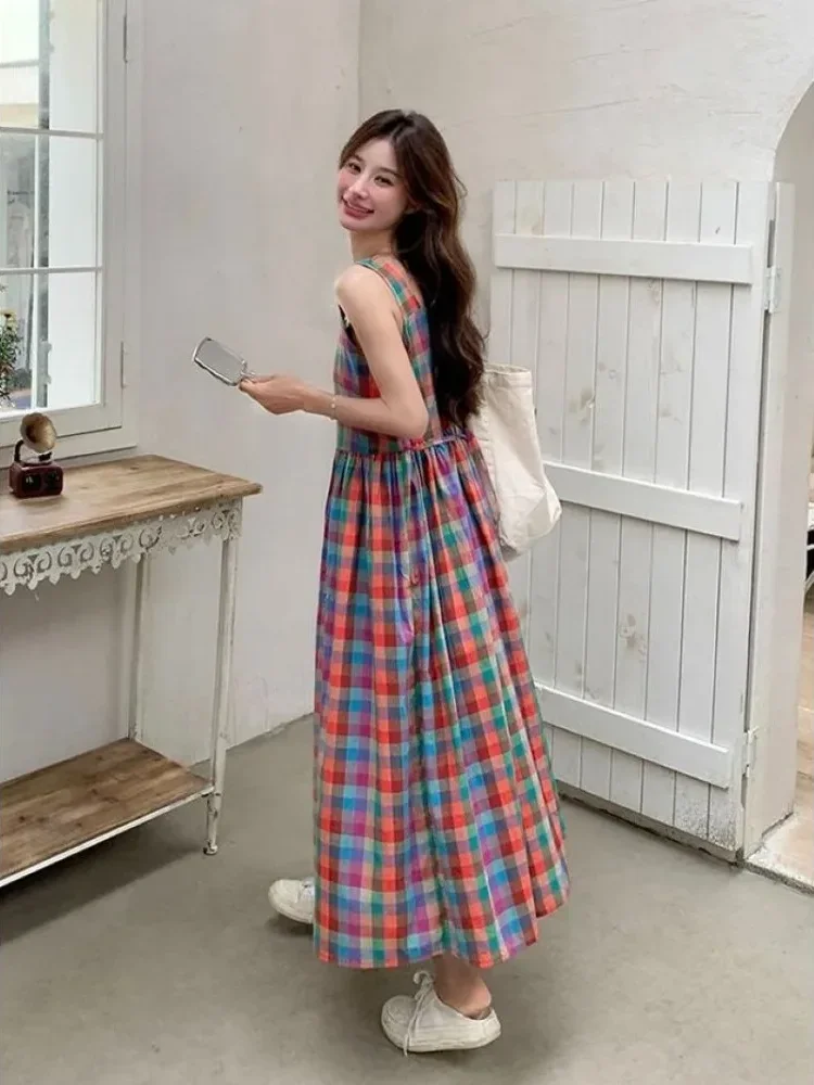 CHICMORE Gaun casual motif kotak-kotak dengan kerah persegi dan rok a-line untuk wanita