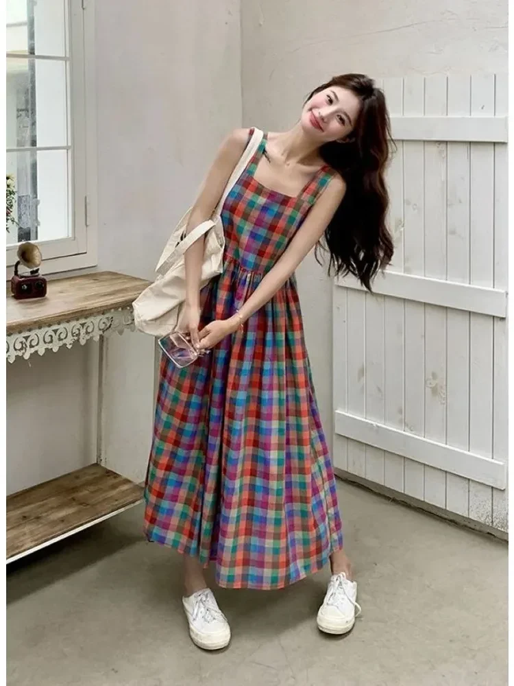 CHICMORE Gaun casual motif kotak-kotak dengan kerah persegi dan rok a-line untuk wanita