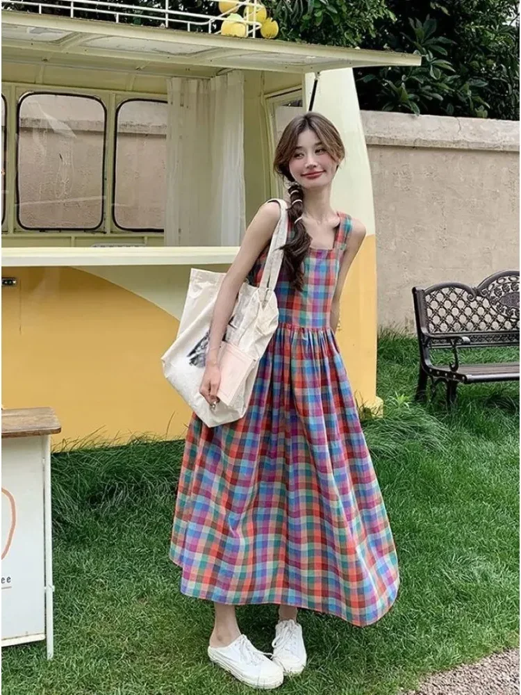 CHICMORE Gaun casual motif kotak-kotak dengan kerah persegi dan rok a-line untuk wanita